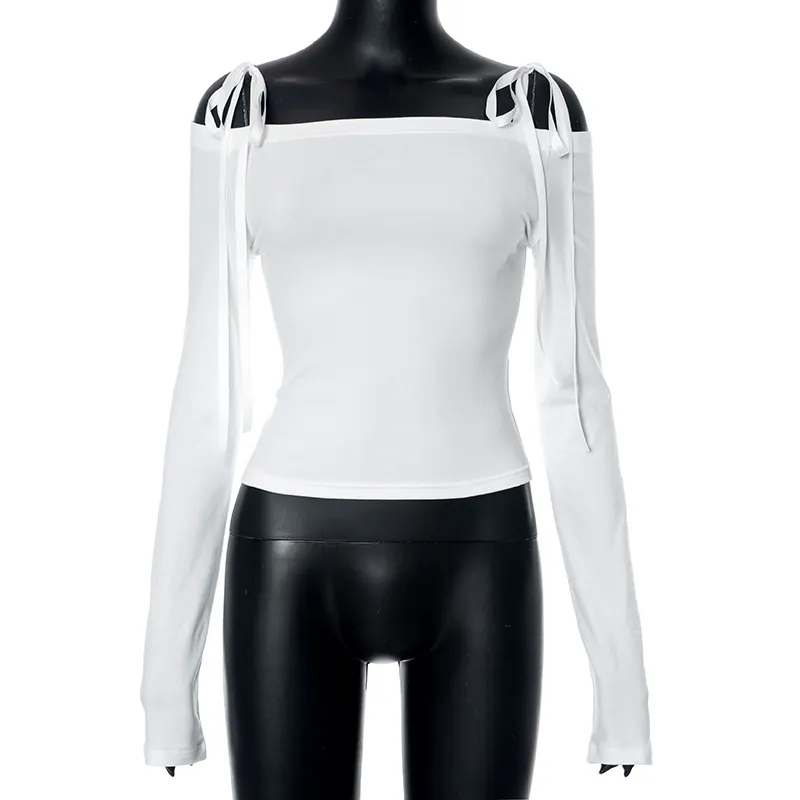Pure Desire Style Lace-up Bow Off-shoulder Long Sleeve Backless Sexy Top Women's Clothing - White