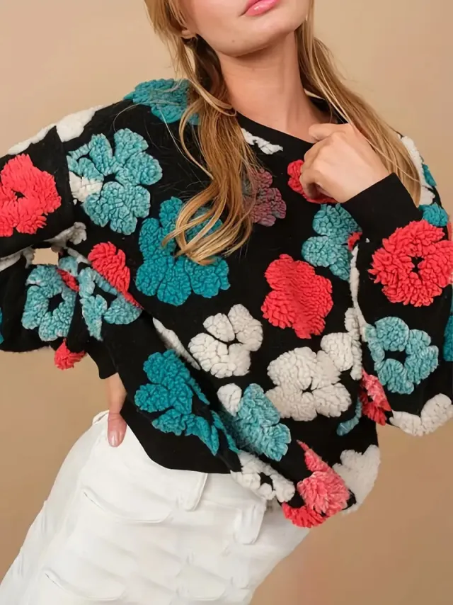 Retro Three dimensional Flower Loose Temperament Cashmere Sweater Blue - Shop at LoveMi