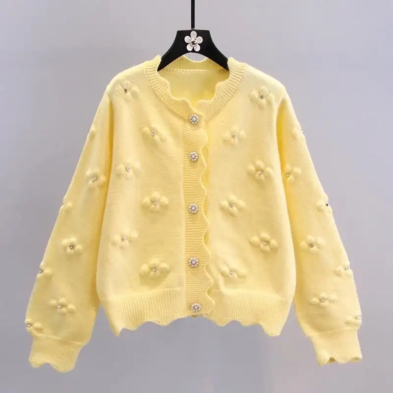 Three-dimensional Beaded Small Flower Sweater Coat Japanese College Style Western Style Youthful-looking Knitted Cardigan