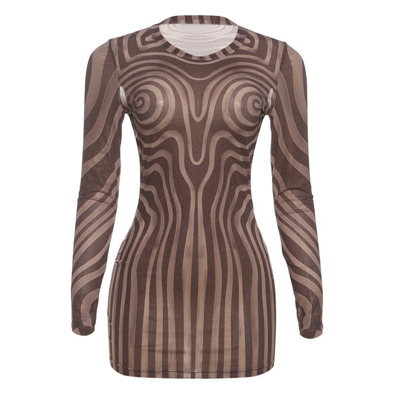 Chic And Sexy Mesh Sheer Striped Printed Bodycon Dress Brown - Shop at LoveMi
