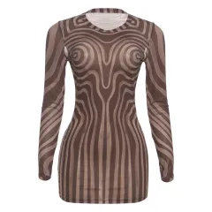 Chic And Sexy Mesh Sheer Striped Printed Bodycon Dress - Brown - View 1