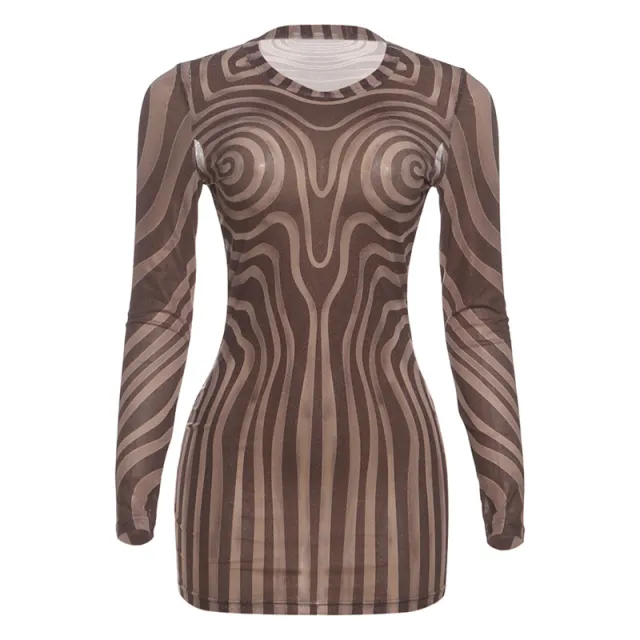 Chic And Sexy Mesh Sheer Striped Printed Bodycon Dress Brown - Shop at LoveMi