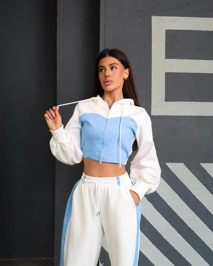 Fashion Casual Sweater Suit Denim Stitching Hooded Top And Trousers Women's Clothing