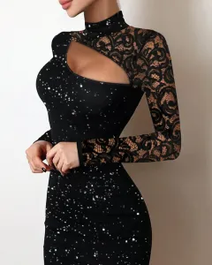 Lace Hollow-out Fashion Highlight Knitted Fabric Slim Fit Bodycon Dress - Black - View 1