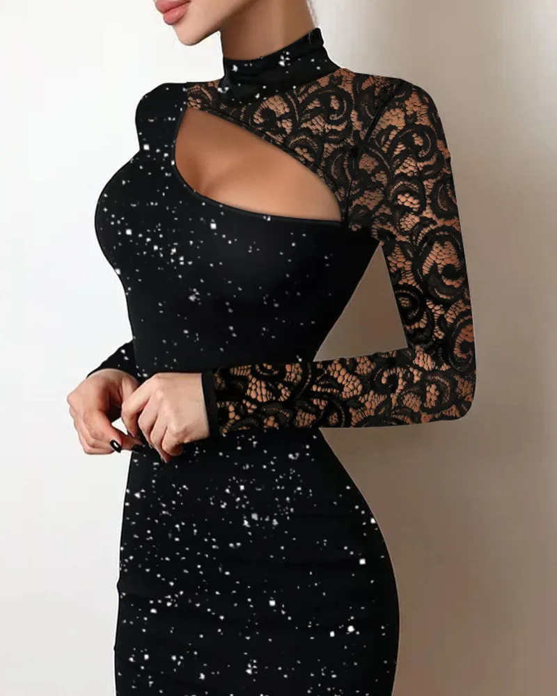 Lace Hollow-out Fashion Highlight Knitted Fabric Slim Fit Bodycon Dress - Black