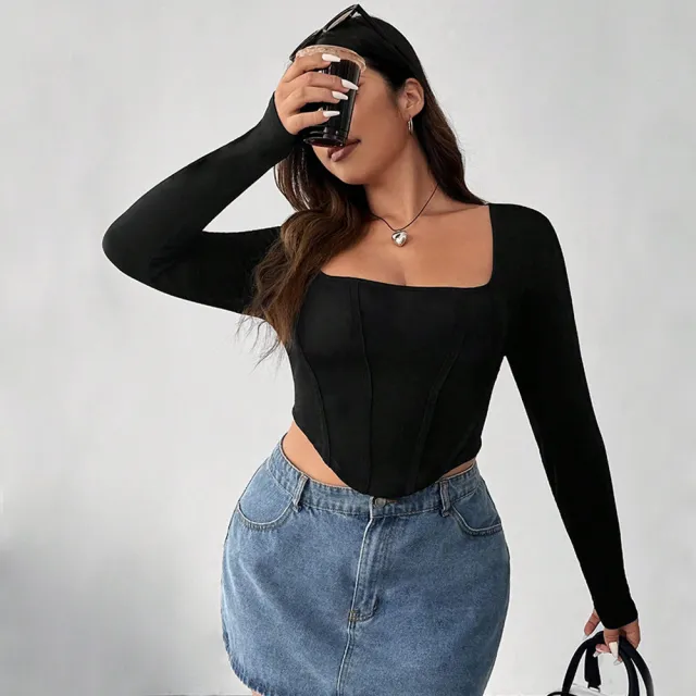 European And American Plus Size Women's Clothes Square Collar Solid Color Bottoming Shirt Fishbone Black - Shop at LoveMi