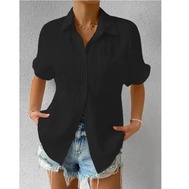 Women's Pure Color Comfort Casual Polo Collar Pocket Short Sleeve Shirt Black - Shop at LoveMi