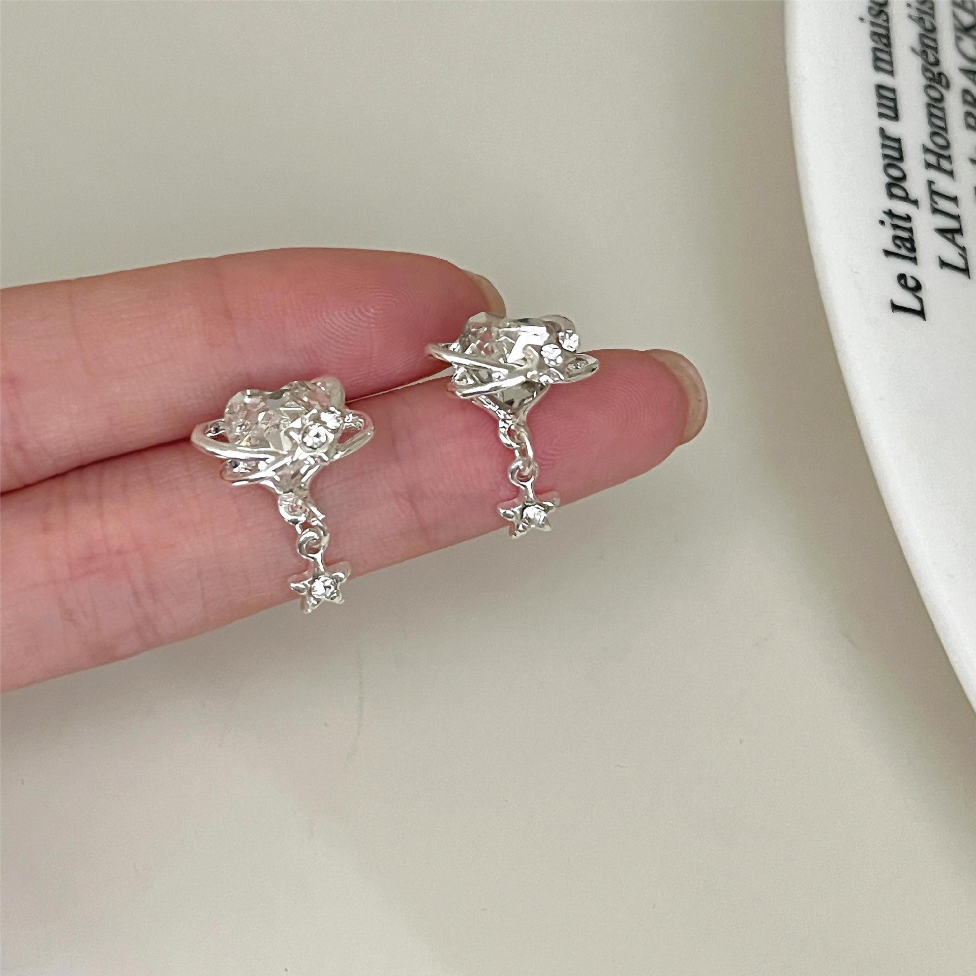 Diamond Ring Heart-shaped Zircon Stud Earrings Sweet Flashing Earrings