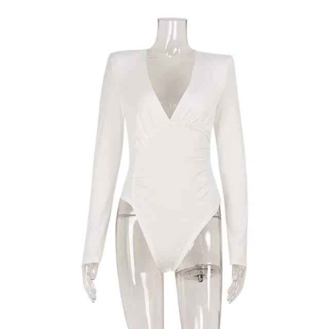 Solid Color High end Deep V Long sleeve Padded Shoulder High elastic Skin tight Slimming Bodysuit White - Shop at LoveMi