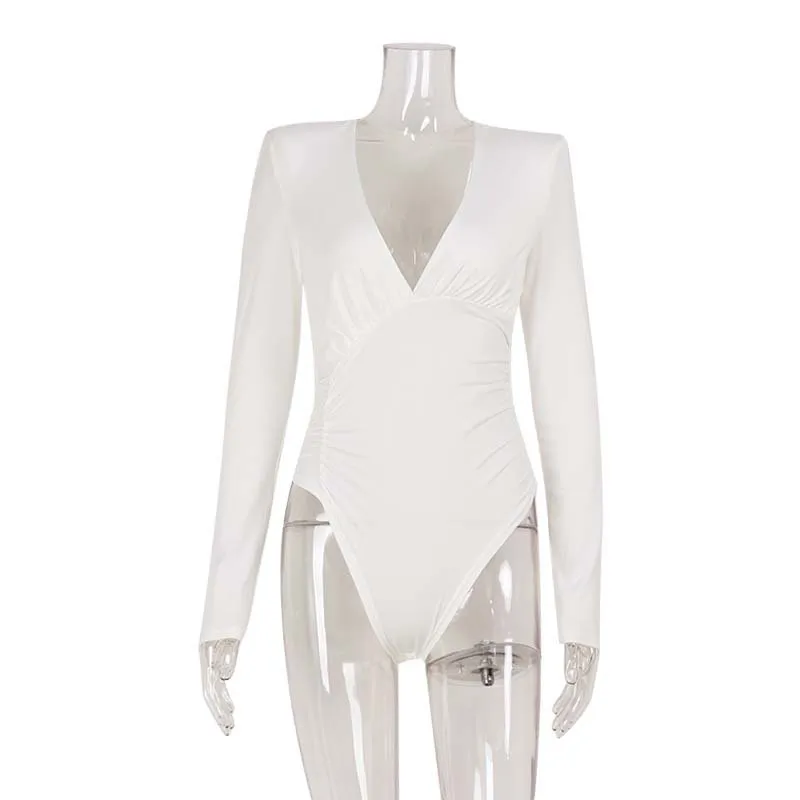 Solid Color High-end Deep V Long-sleeve Padded Shoulder High-elastic Skin-tight Slimming Bodysuit - White
