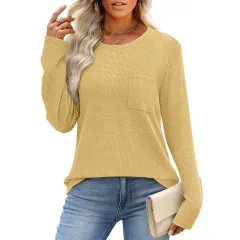 Women's Long-Sleeved Waffle Knit Top T-Shirt - Yellow - View 1