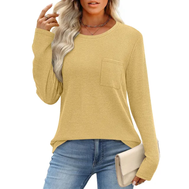 Women's Long Sleeved Waffle Knit Top T Shirt Yellow - Shop at LoveMi