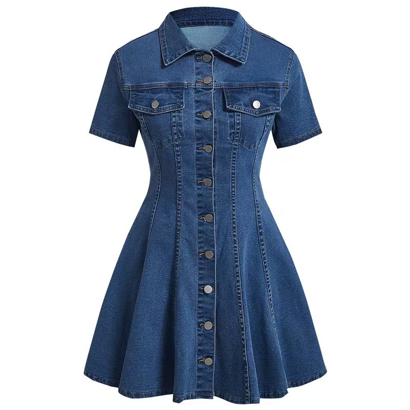 Denim Short-sleeve Cardigan Waist-cinching Dress