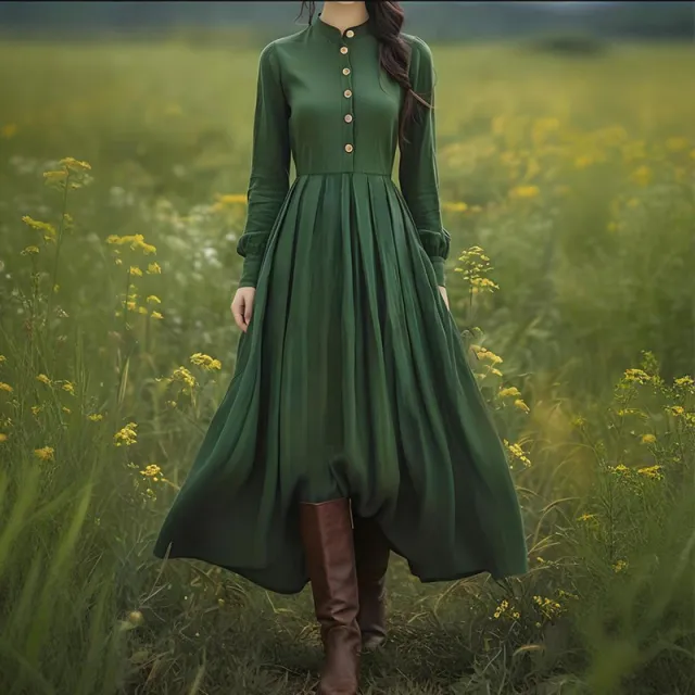 Long sleeved Vintage Bohemian Cotton linen Dress Green - Shop at LoveMi