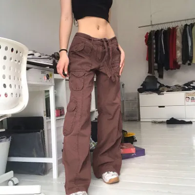 Women's American Vintage Multi pocket Distressed Loose Cargo Pants Brown - Shop at LoveMi