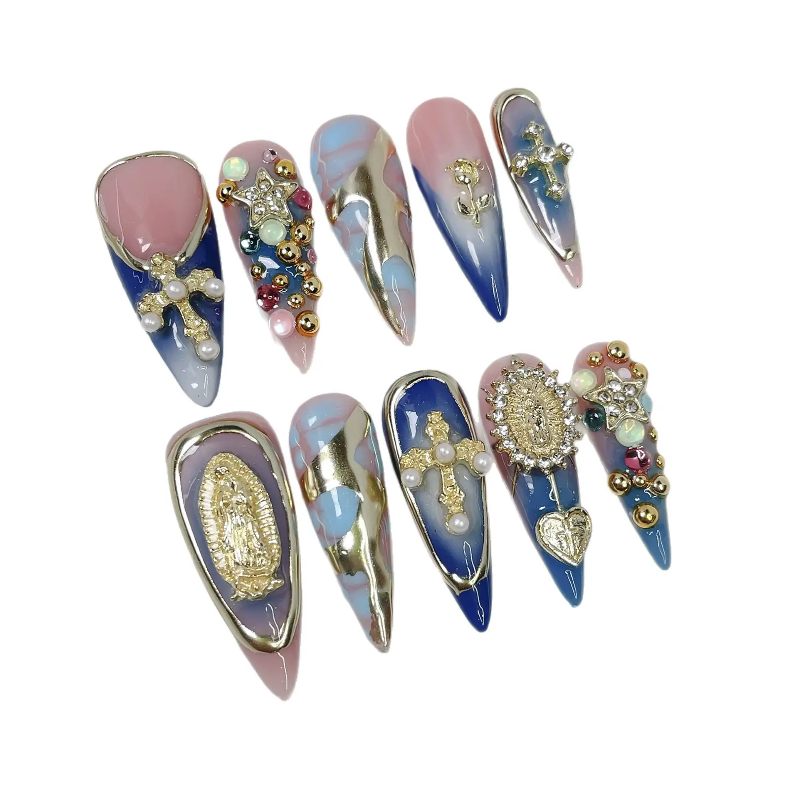 Long Pointed Nail Art In A Vintage Ethereal Style With A Gradient Effect