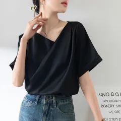 French Sexy V-neck Short-sleeved Shirt Women's Design Niche Temperament Drape Chiffon Shirt - Black - View 1