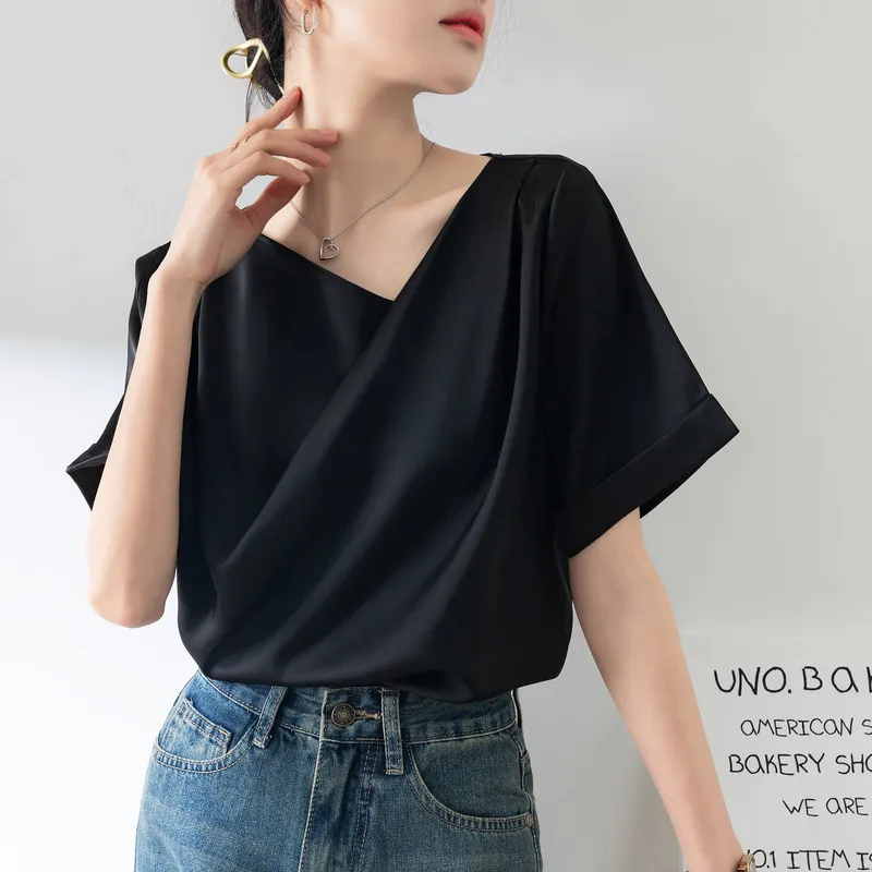 French Sexy V-neck Short-sleeved Shirt Women's Design Niche Temperament Drape Chiffon Shirt - Black