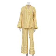 Loose Lace-up Top High Waist Trousers Fashion Casual Set - Yellow - View 1