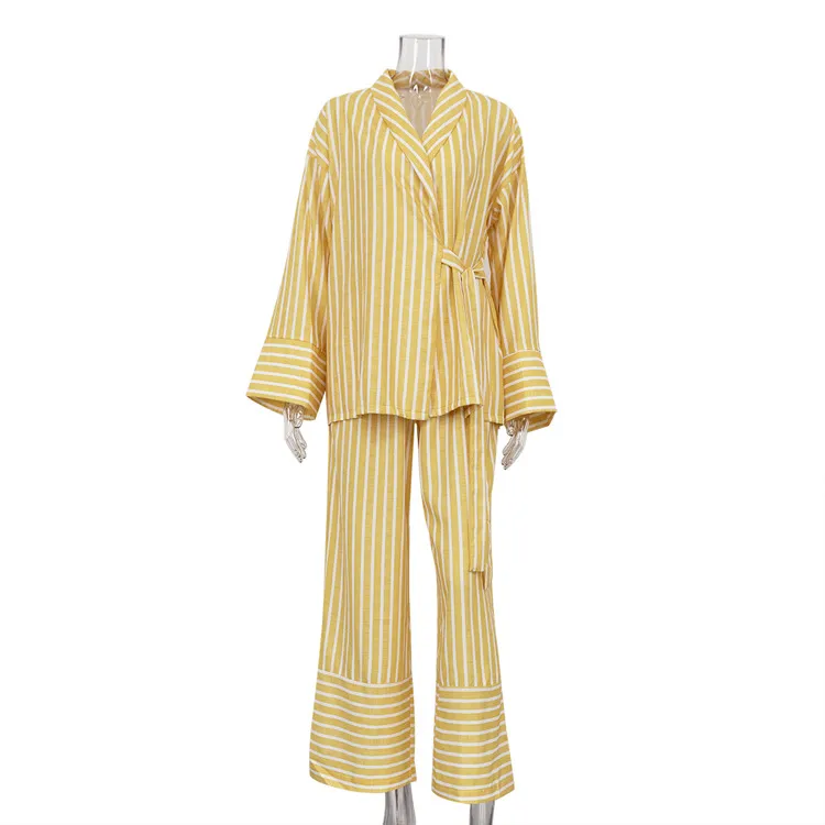 Loose Lace-up Top High Waist Trousers Fashion Casual Set - Yellow