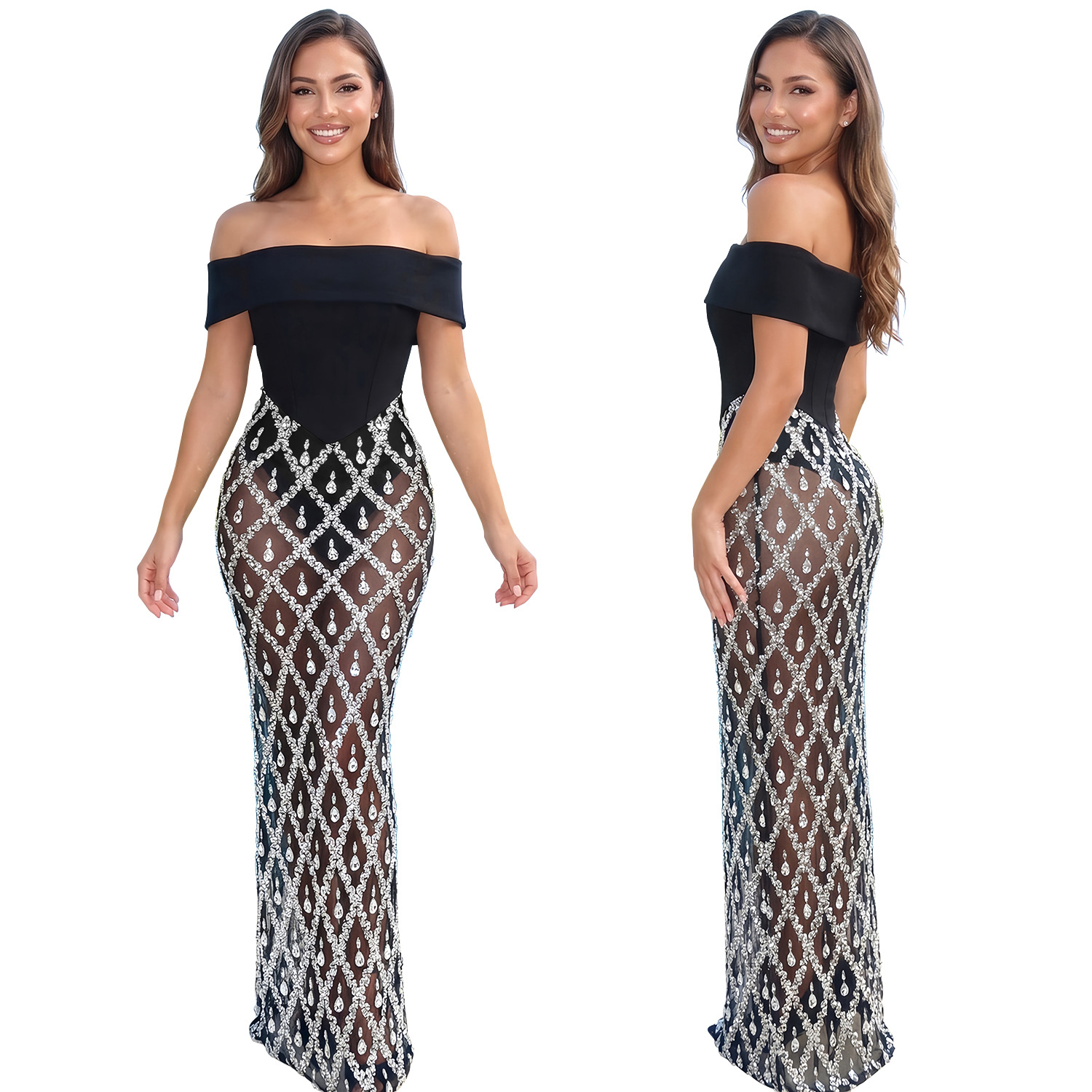 Womens Off-shoulder Strapless Sequined Party Dress