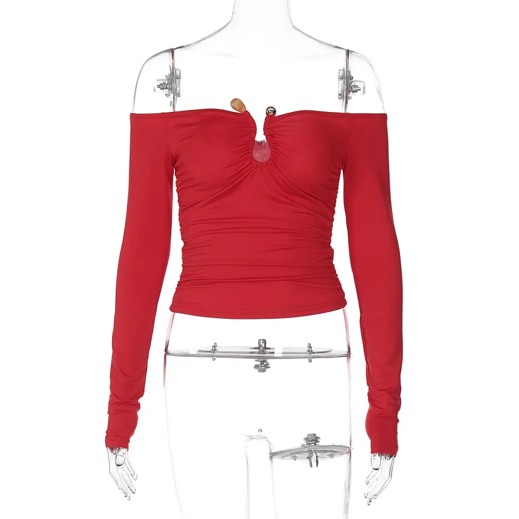 Women's Solid Colour Loose Fit Long Sleeve Tube Top - Red