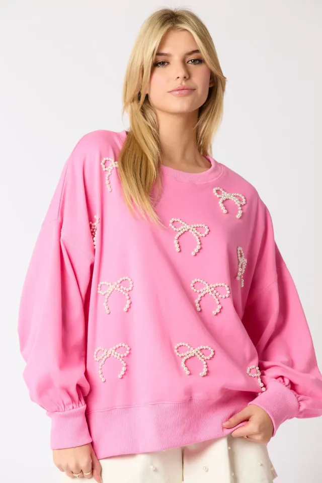 Autumn And Winter New European And American Pearls Bow Decoration Long sleeved Sweater Pink - Shop at LoveMi