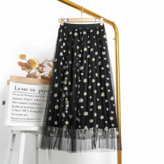 Mesh Little Daisy Chiffon A- Line Skirt - Black - View 1