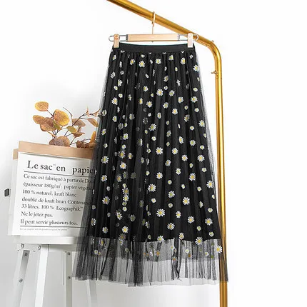 Mesh Little Daisy Chiffon A- Line Skirt - Black