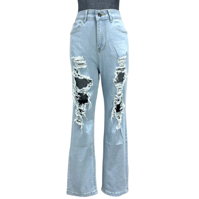 European And American Lady High Stretch Jeans Wide Leg Trousers Ripped Light Blue - Shop at LoveMi
