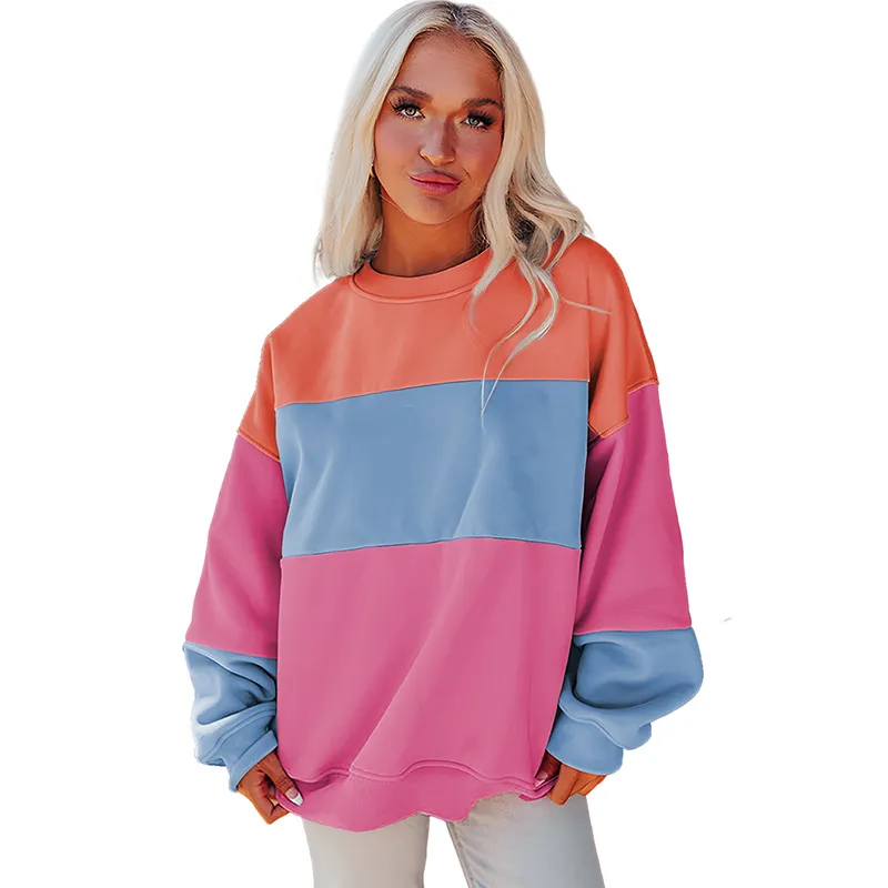Round Neck Multicolor Sweater Leisure Loose Long Sleeve Top - Multicolor