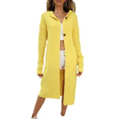 Sweater Cardigan Solid Colour Long Sleeve Hooded Long Knitted Cardigan Women's Coat - Yellow - View 1