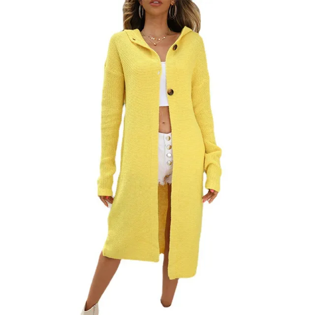 Sweater Cardigan Solid Color Long Sleeve Hooded Long Knitted Cardigan Women's Coat Yellow - Shop at LoveMi