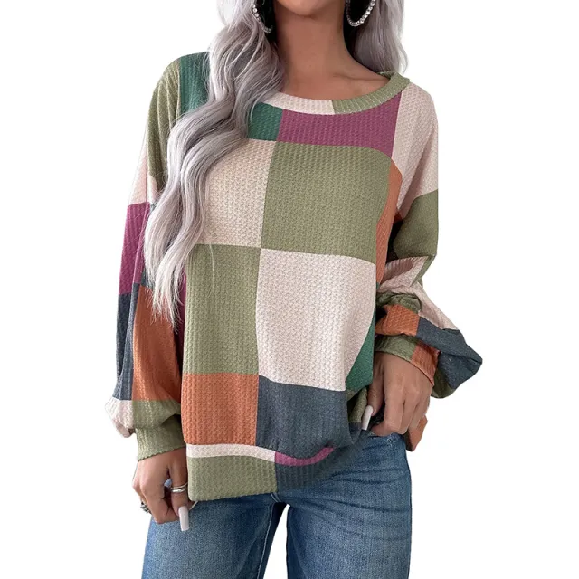 Women's Casual Versatile Color blocked Round Neck Sweatshirt Green - Shop at LoveMi