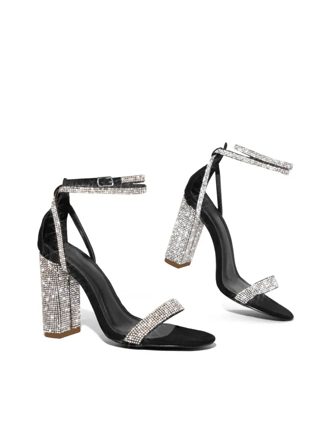 Rhinestone Buckle High Heel Sandals Black - Shop at LoveMi