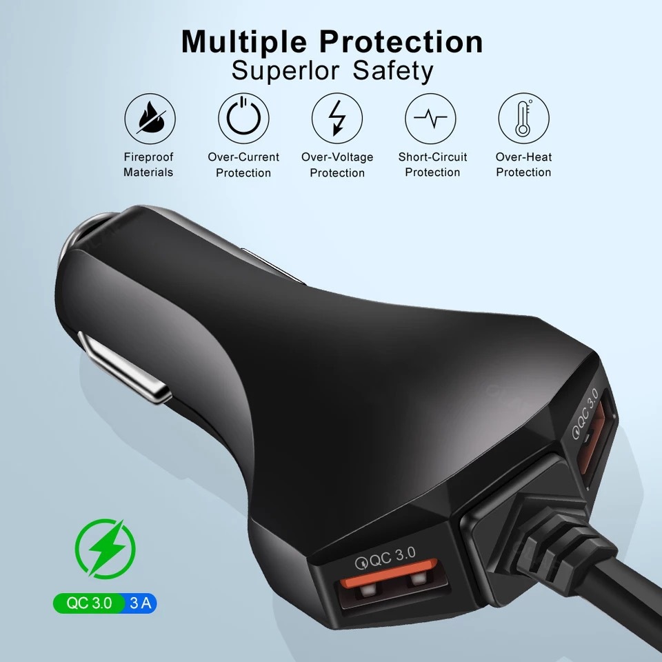 QC30 In-Car Charger For Front And Rear Seats Fast Charge 12A One-in-Four