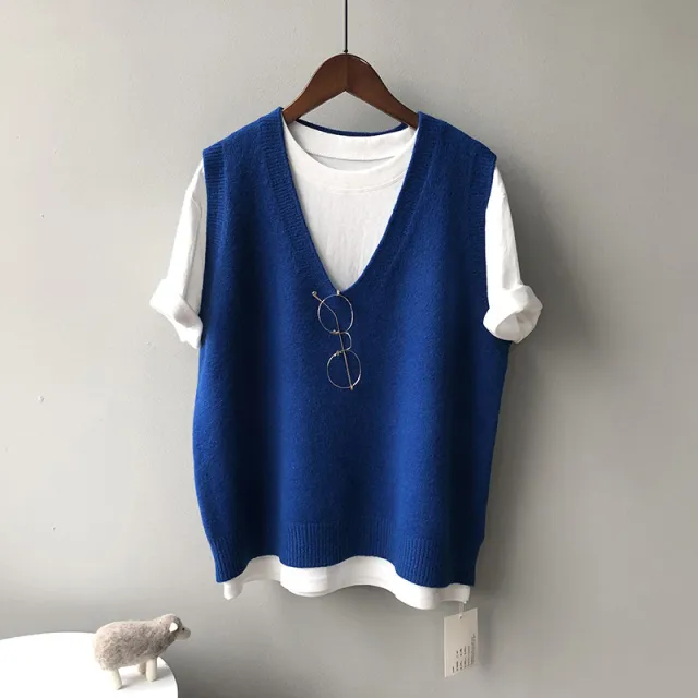 Preppy Style V neck Loose And Idle Sleeveless Waistcoat Sapphire Blue - Shop at LoveMi