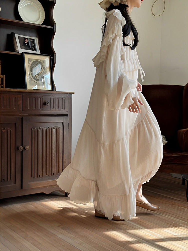 New Chinese Style National Style Apricot Ruffled Fairy Dress