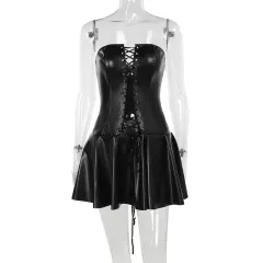 Summer Female Lace-up Pleated Denim Tube Top Short Skirt - Black - View 1