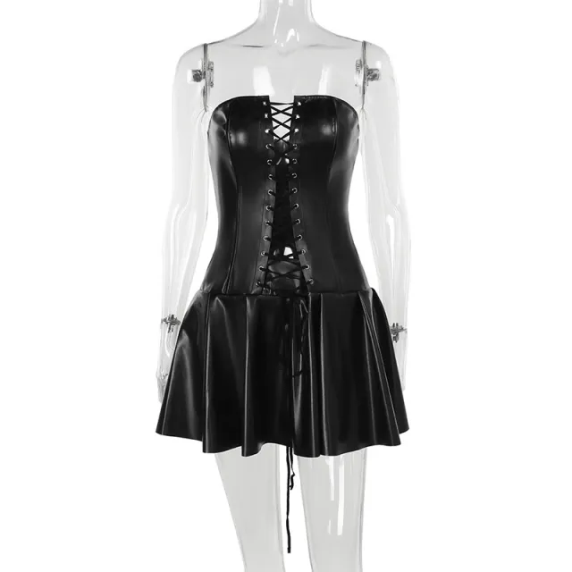 Summer Female Lace up Pleated Denim Tube Top Short Skirt Black - Shop at LoveMi