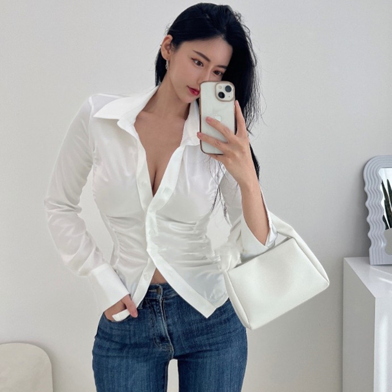 Autumn And Winter New Elegant Pleated Waist Tight Slim Lapel Slimming Shirt For Women - Image 9