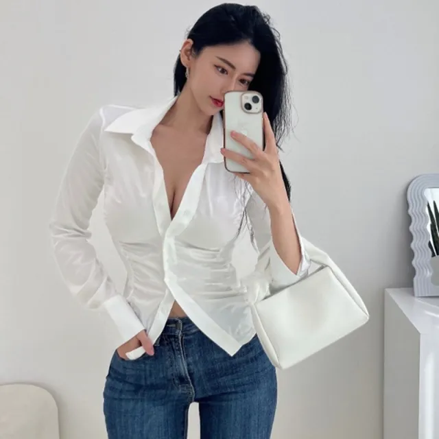 Autumn And Winter New Elegant Pleated Waist Tight Slim Lapel Slimming Shirt For Women White - Shop at LoveMi