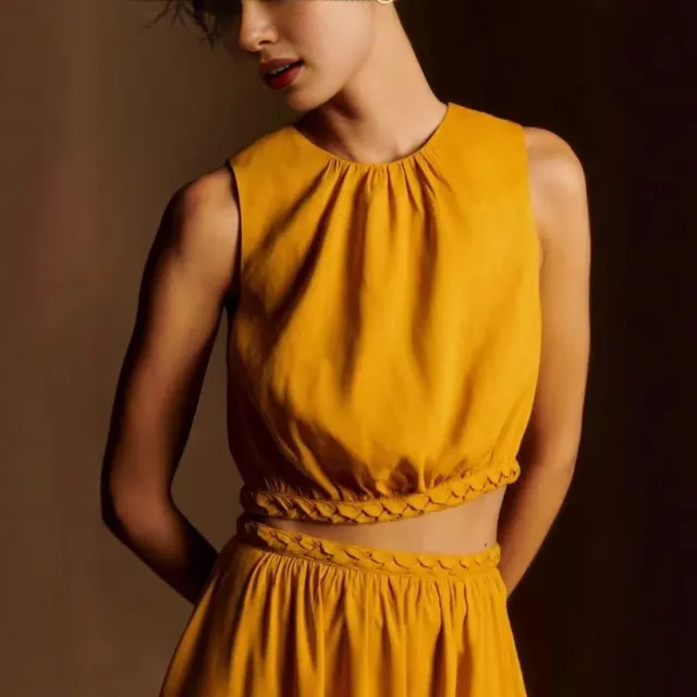 Summer New Elegant Sleeveless Round Neck Linen Blended Vest Woven Waist Skirt Yellow Top - Shop at LoveMi