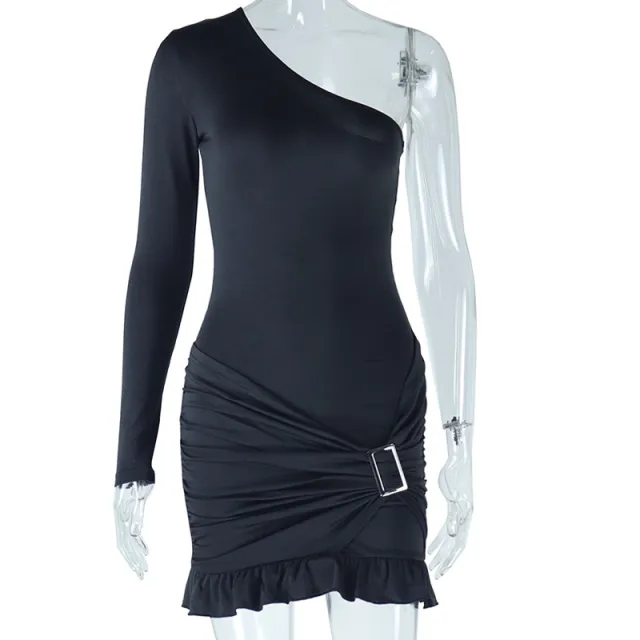 One shoulder Slant Neckline Fitted Dress Solid Color Long Sleeve With Ruffle Black - Shop at LoveMi