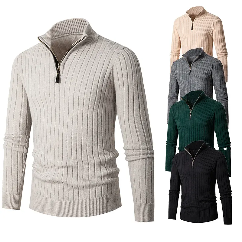 Vertical Bar Half Turtleneck Zipper Bottoming Sweater