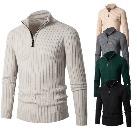 Vertical Bar Half Turtleneck Zipper Bottoming Sweater