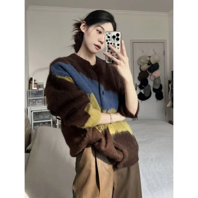 Sweater Spring And Autumn Retro Loose All matching Round Neck Multicolor Top Multicolor - Shop at LoveMi