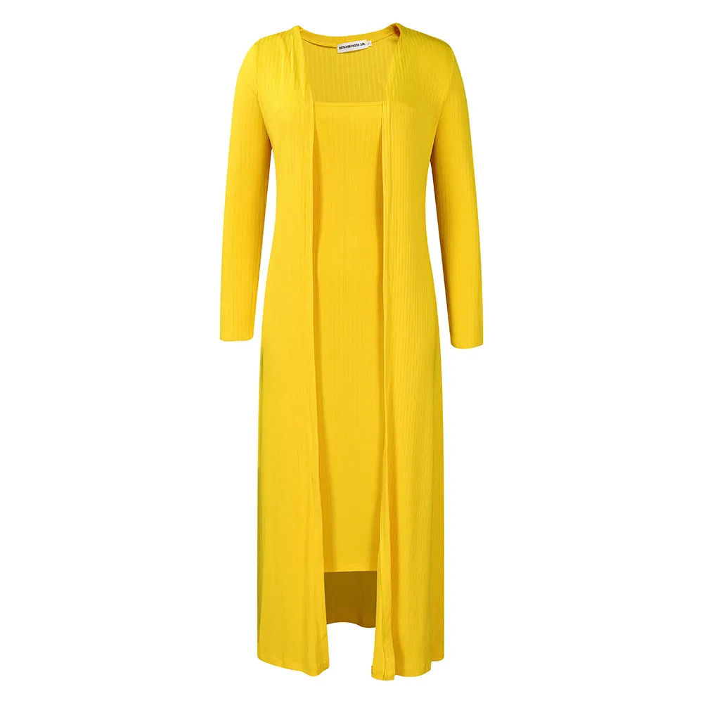 European And American Women's Clothing Casual Solid Color Suspender Skirt Long Twinset - Yellow