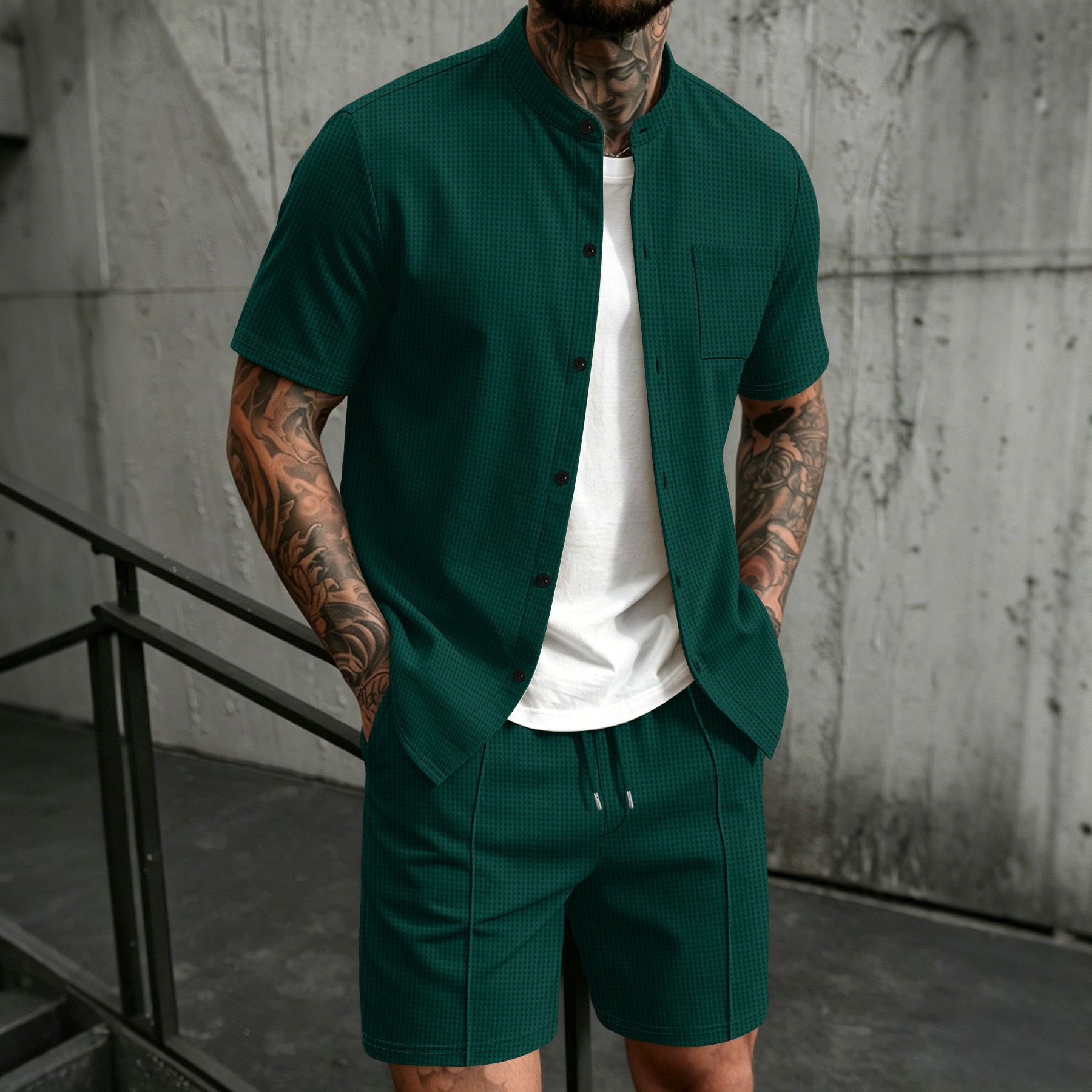 Waffle-Weave Solid-Color Cardigan Short-Sleeve Mens Casual Stand-Collar Shirt And Shorts Set