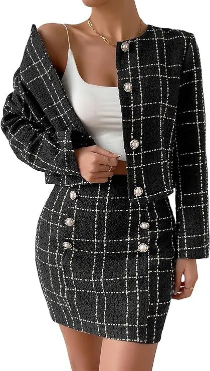 Women's Fashion Plaid Button Jacket Black Suit - Shop at LoveMi
